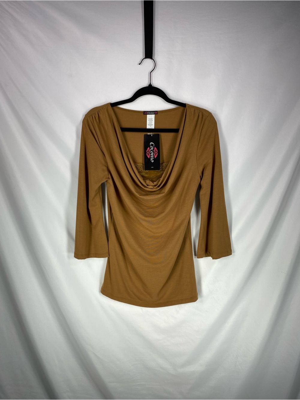 Cocomo Draped Cowl-Neck Three-Quarter Sleeve Top - Camel